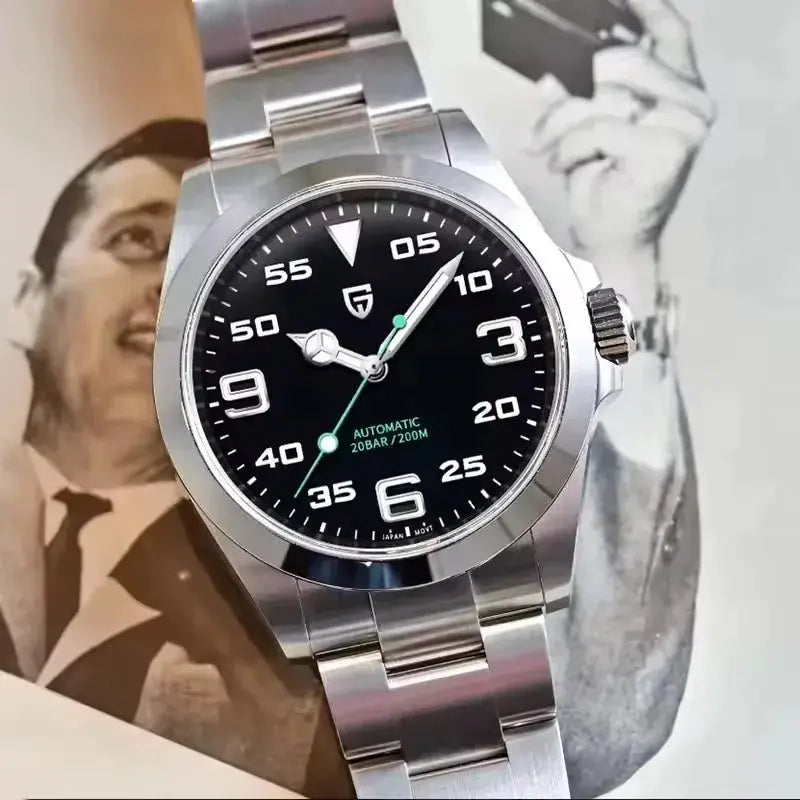 Pagani Design V3 automatic men's watch with stainless steel bracelet and black dial, 200m water resistant