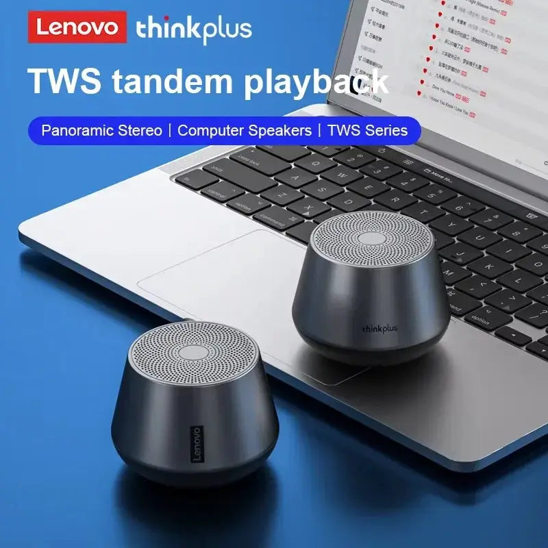 Lenovo ThinkPlus TWS Bluetooth speakers, metallic gray, 2-pack on a laptop