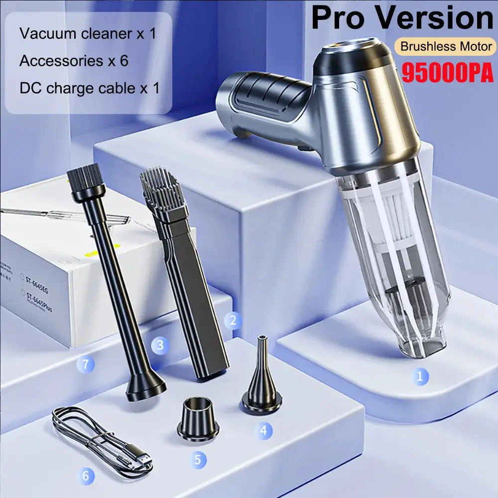 Car vacuum cleaner wireless 95000PA handheld by Simples Market in black/silver with 6 accessories