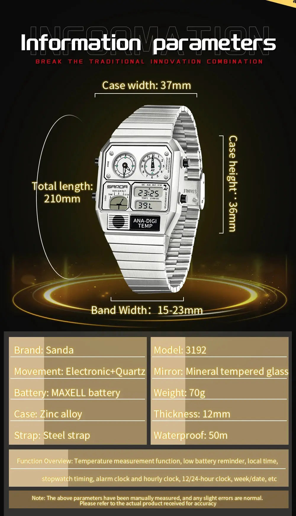 Sanda 3192 Mens Square Digital Analog Watch Waterproof Led Thermometer Stopwatch Sporty Durable Timepiece