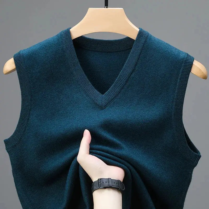Men's sleeveless V-neck wool-cashmere knit vest in solid dark teal