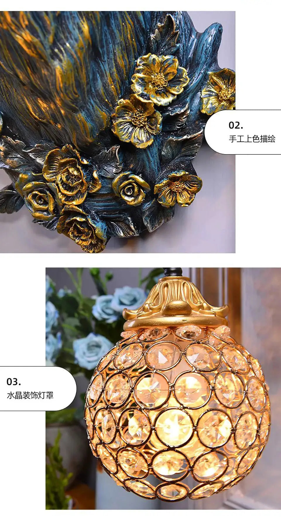Wall lamp and crystal globe pendant lamp set in blue-gold resin floral design by Simples Market