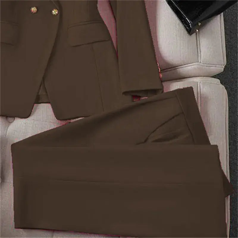 Brown women's long-sleeve blazer and pants 2-piece suit set for office wear