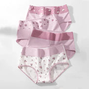 4Pcs cotton women panties set in pastel pink/white with printed pattern; breathable high-rise briefs