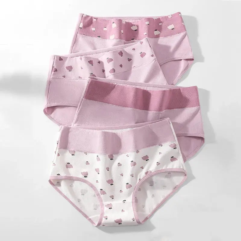 4Pcs cotton women panties set in pastel pink/white with printed pattern; breathable high-rise briefs