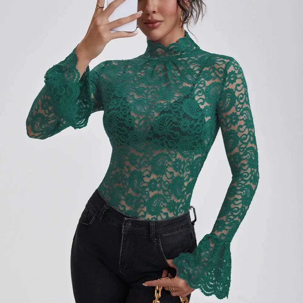 Green lace blouse with turtle neck, long sheer sleeves and scalloped cuffs