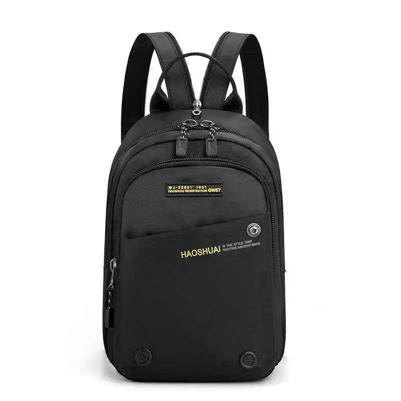 Men's small black nylon backpack with HAOSHUI logo and dual-zippered main compartment