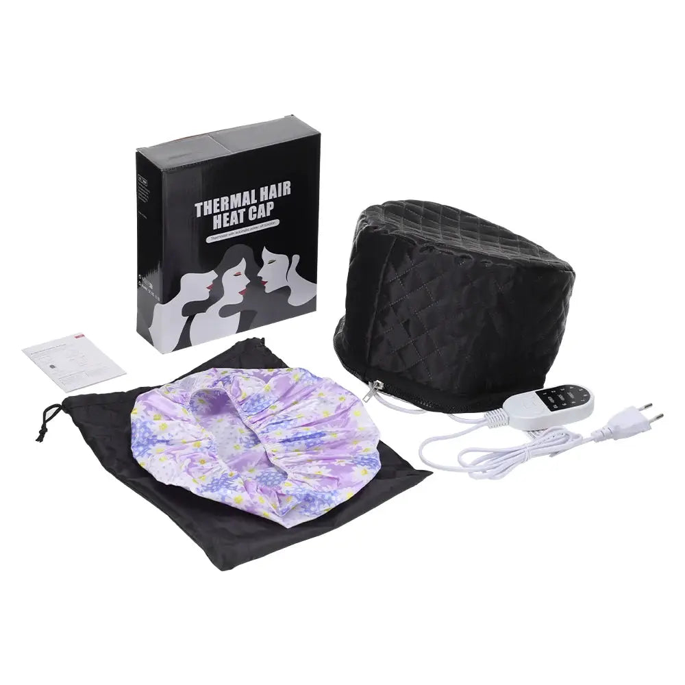 10-level electric hair heating cap by Simples Market, quilted black exterior with purple floral lining, controller.