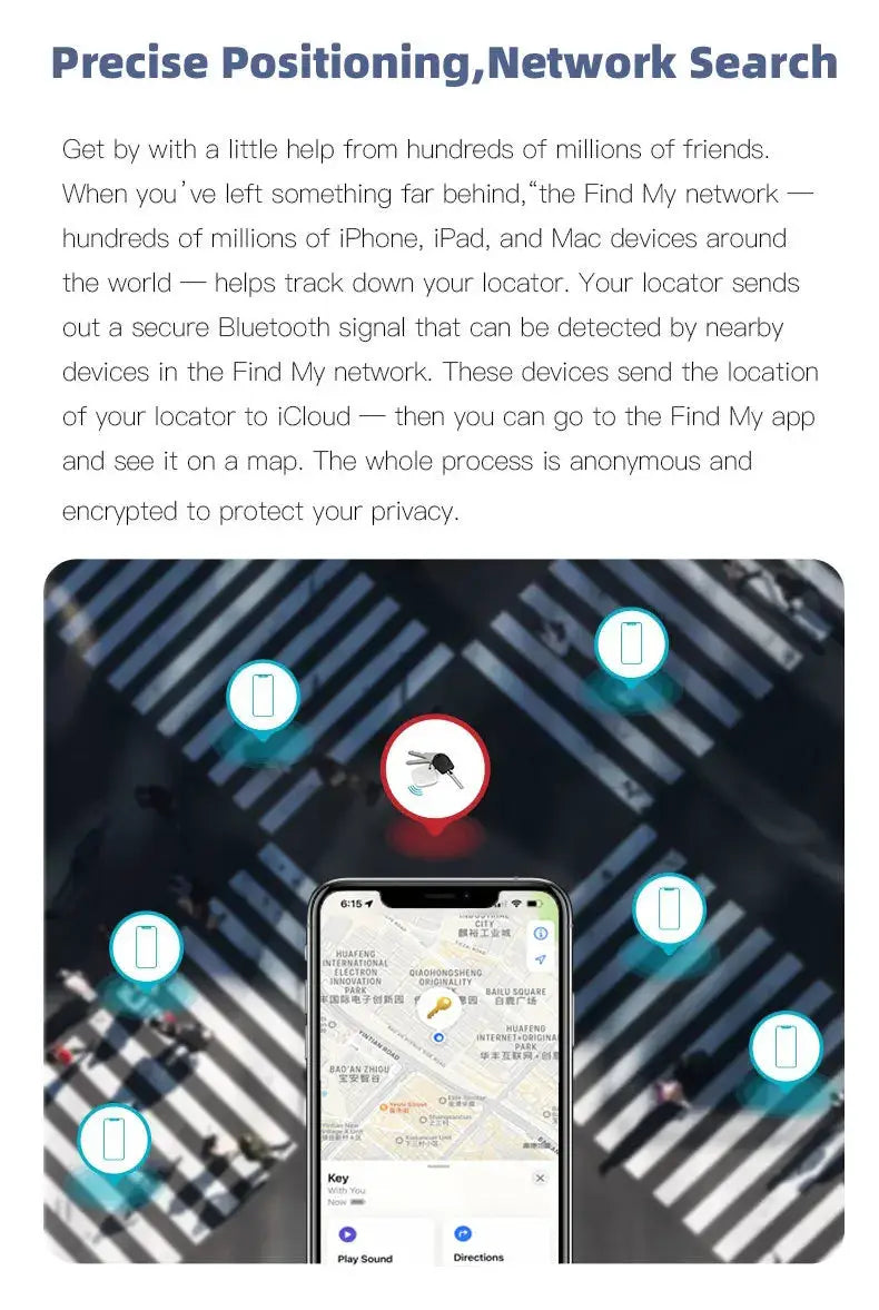 Bluetooth mini tracking device for Apple Find My network; compact key and pet tracker