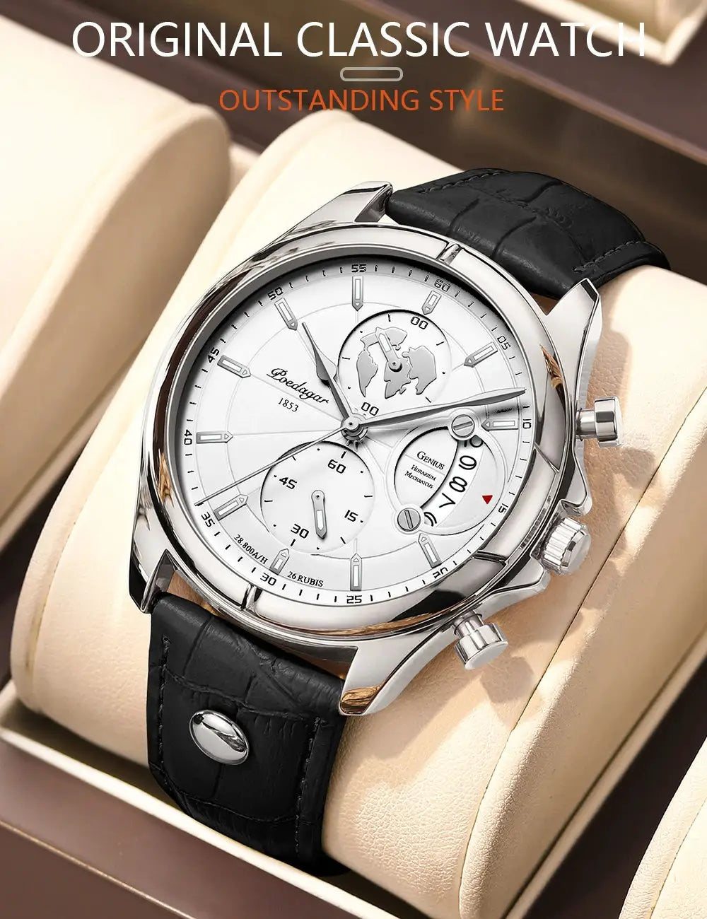 Poedagar luxury men's chronograph wristwatch with white dial, date, waterproof case, black leather strap.