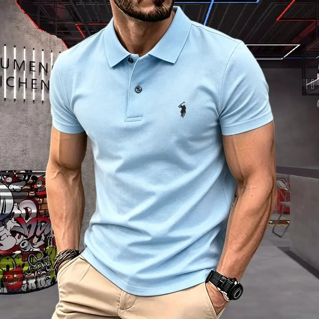 Men's light blue cotton polo shirt with small pony embroidery on chest; short sleeves