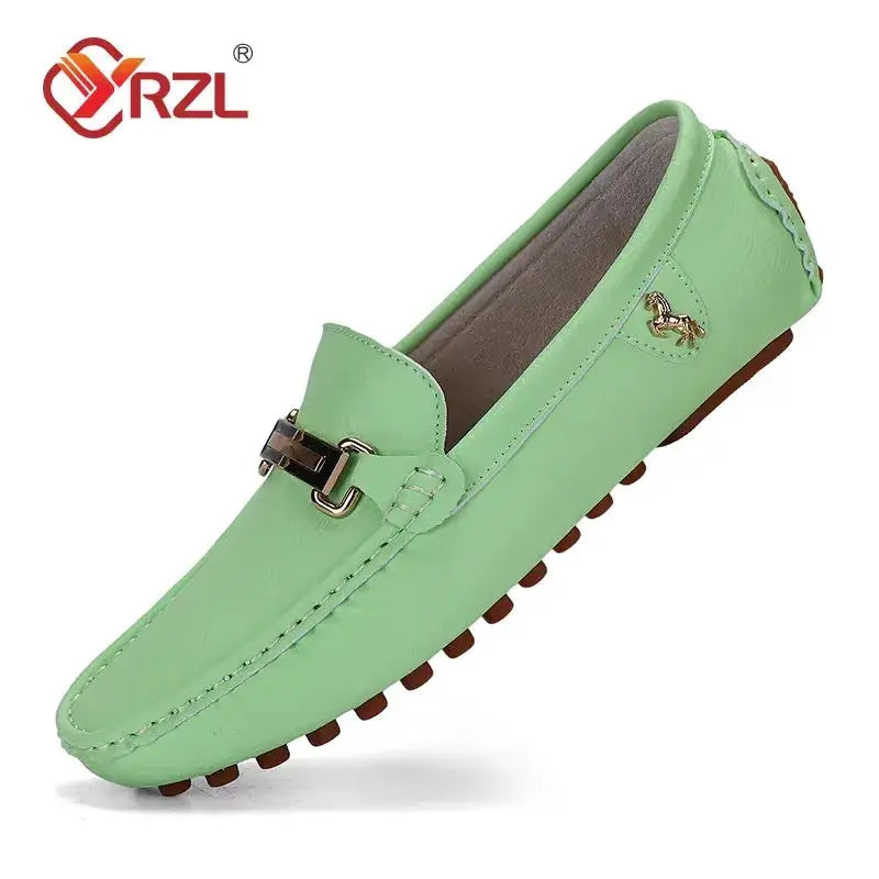 YRZL men's mint green PU leather loafers with metal buckle and driving sole