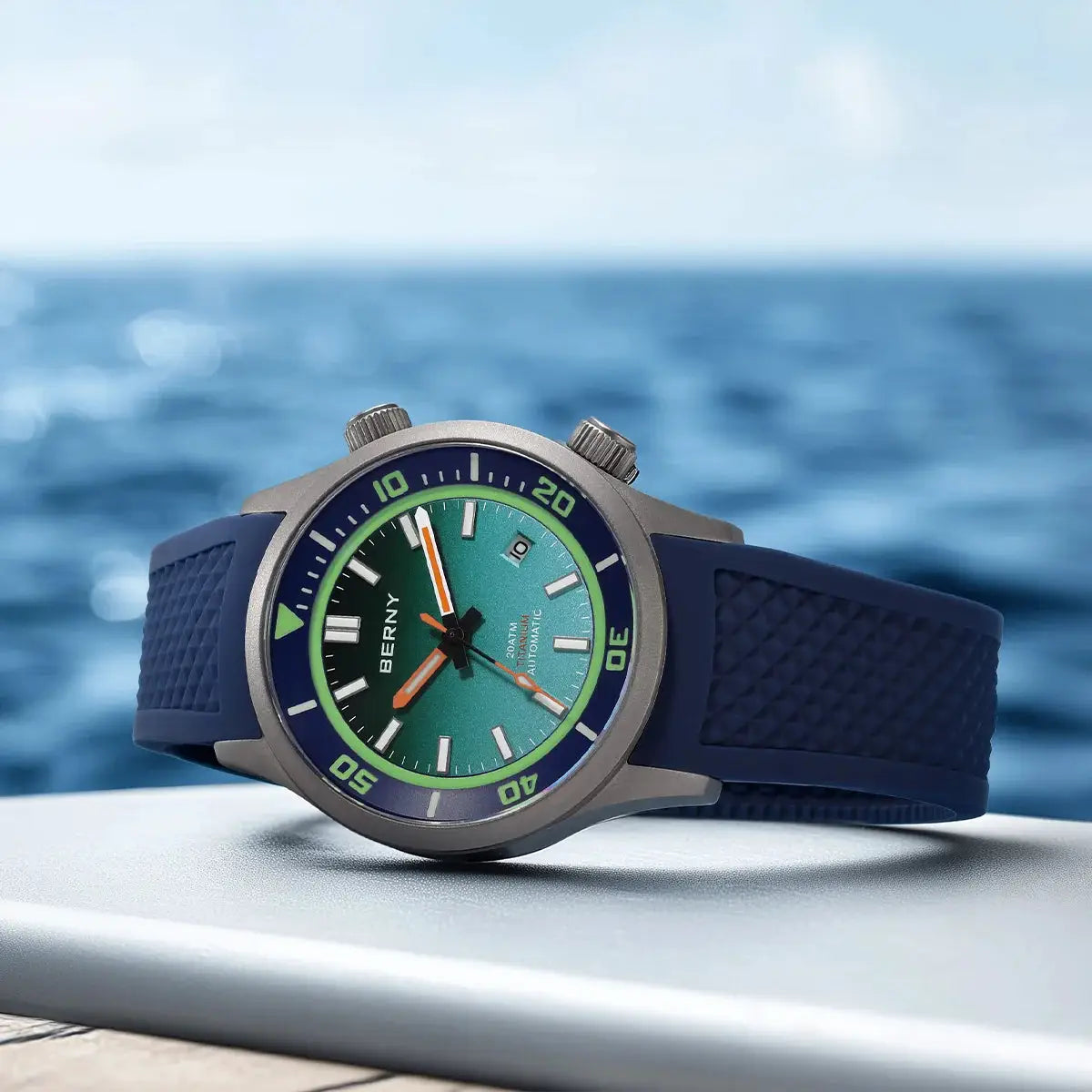 BERNY 20ATM titanium automatic diver watch for men with blue silicone strap and teal dial