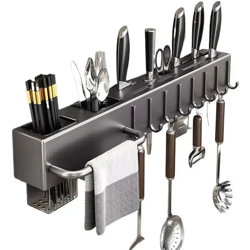 Tool-free stainless steel kitchen shelf wall rack with knife slots, hooks, and utensil holders