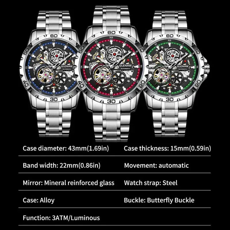 GLENAW skeleton automatic watches for men, set of 3 with stainless steel bands and luminous dials; blue/red/green bezels.