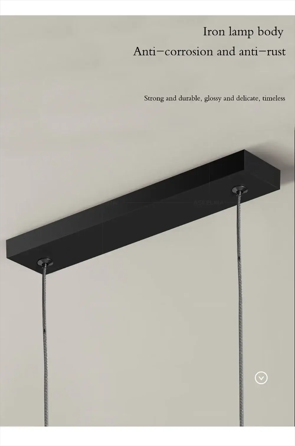 Modern LED strip chandelier light by Simples Market, black rectangular ceiling mount with dual hanging cords.