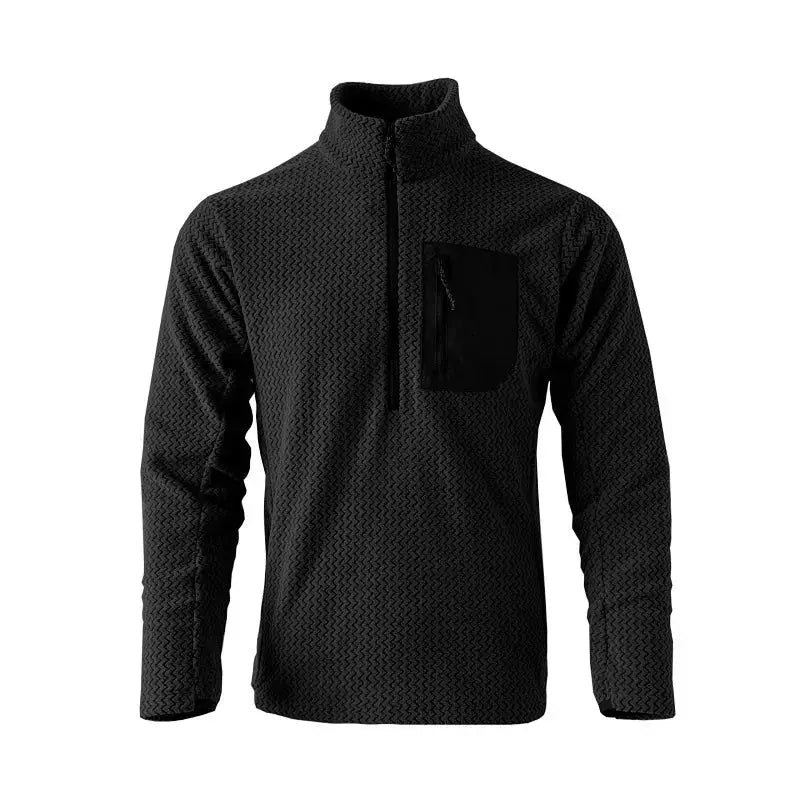 Unisex black fleece sweatshirt with wave-textured fabric, half-zip collar and chest zip pocket