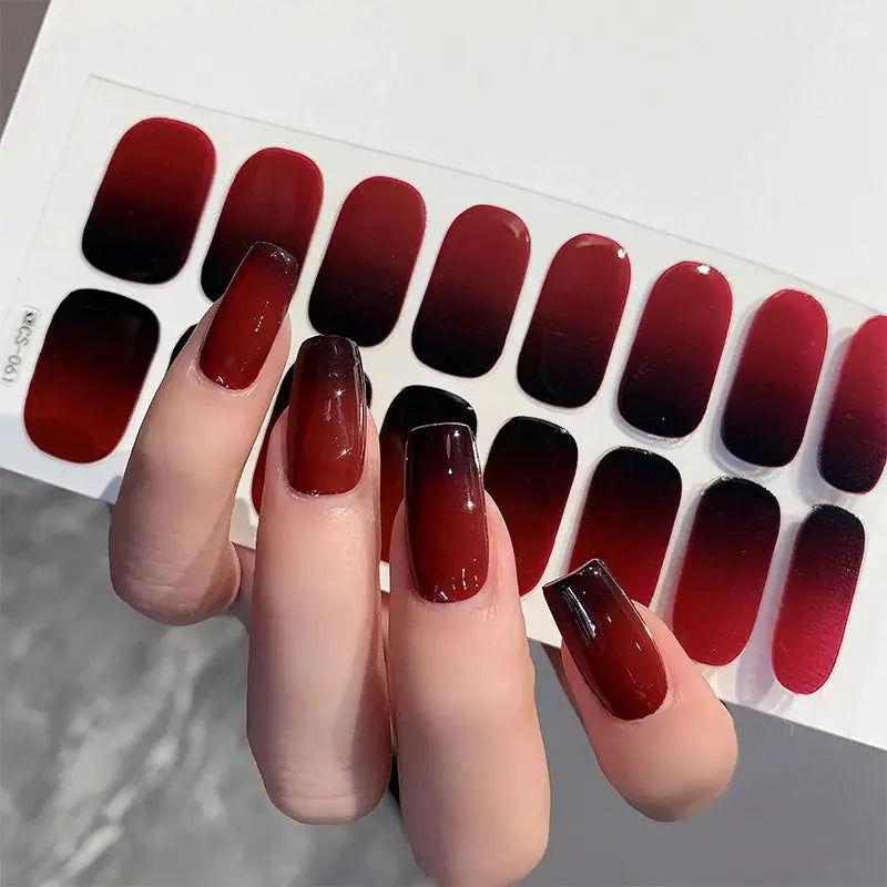 Simples Market gradient nail sticker sheet with full-cover red-to-black ombre press-on decals for 14/16-tip nails