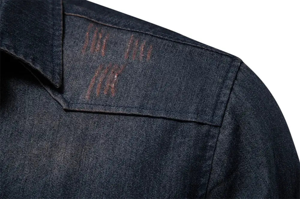Denim shirt for men by Simples Market, dark indigo cotton denim with distressed shoulder marks