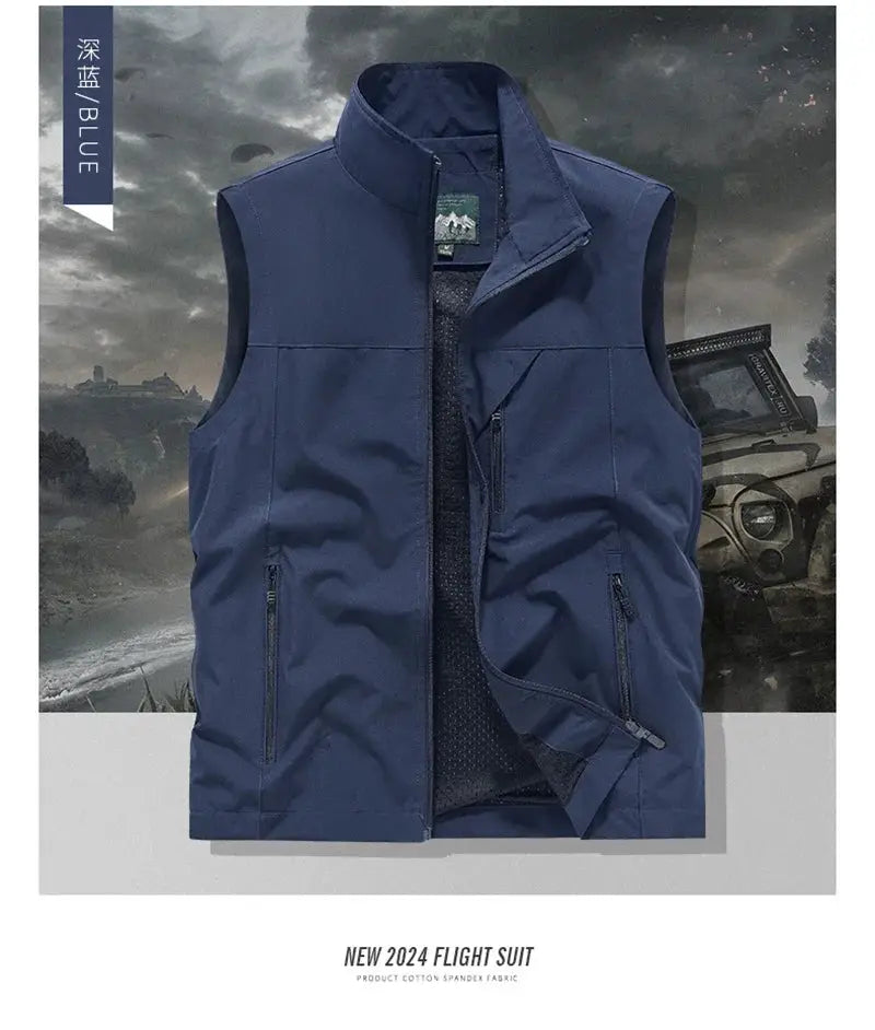 Men's blue windproof sleeveless vest with waterproof shell and zip pockets - Simples Market