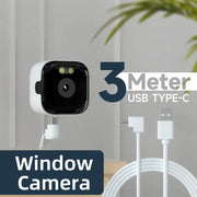 HEIYOUCAM Window Camera, white cube-style unit with black front and twin LEDs, mounted on wall beside USB cables.