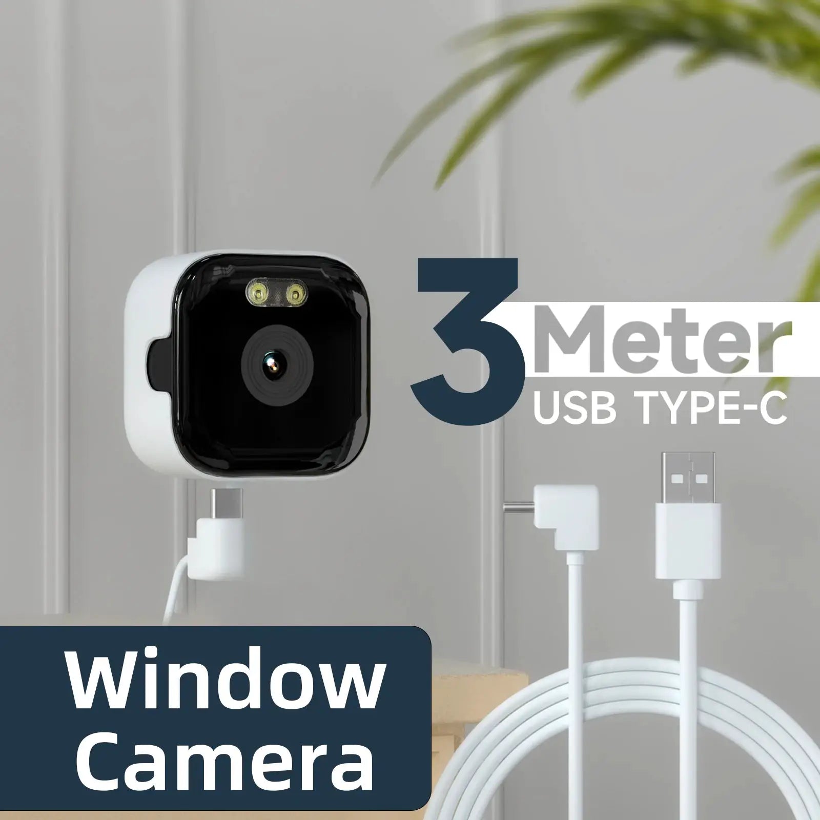 HEIYOUCAM Window Camera, white cube-style unit with black front and twin LEDs, mounted on wall beside USB cables.