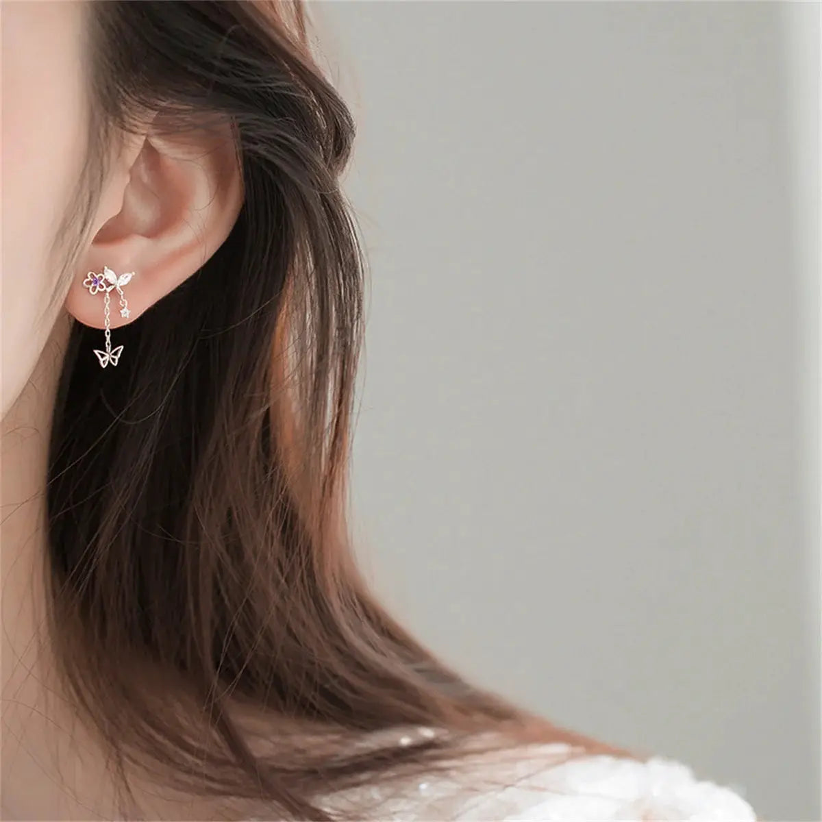 Korean Exquisite Moon Planet Butterfly Tassel Drop Earrings by Simples Market; silver-tone with sparkling crystals