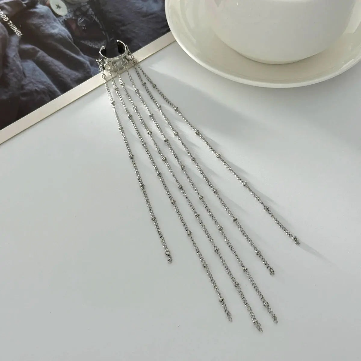 Simples Market silver long tassel ear cuff clip earrings with hanging chains