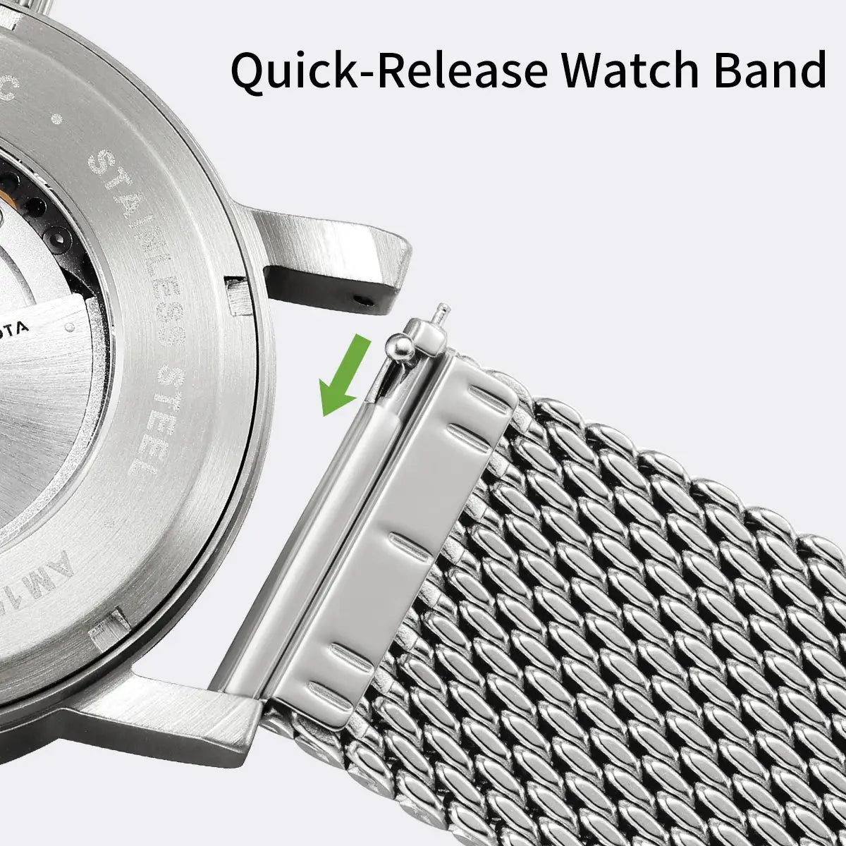 BERNY automatic men's watch with 316L stainless steel mesh bracelet and quick-release clasp
