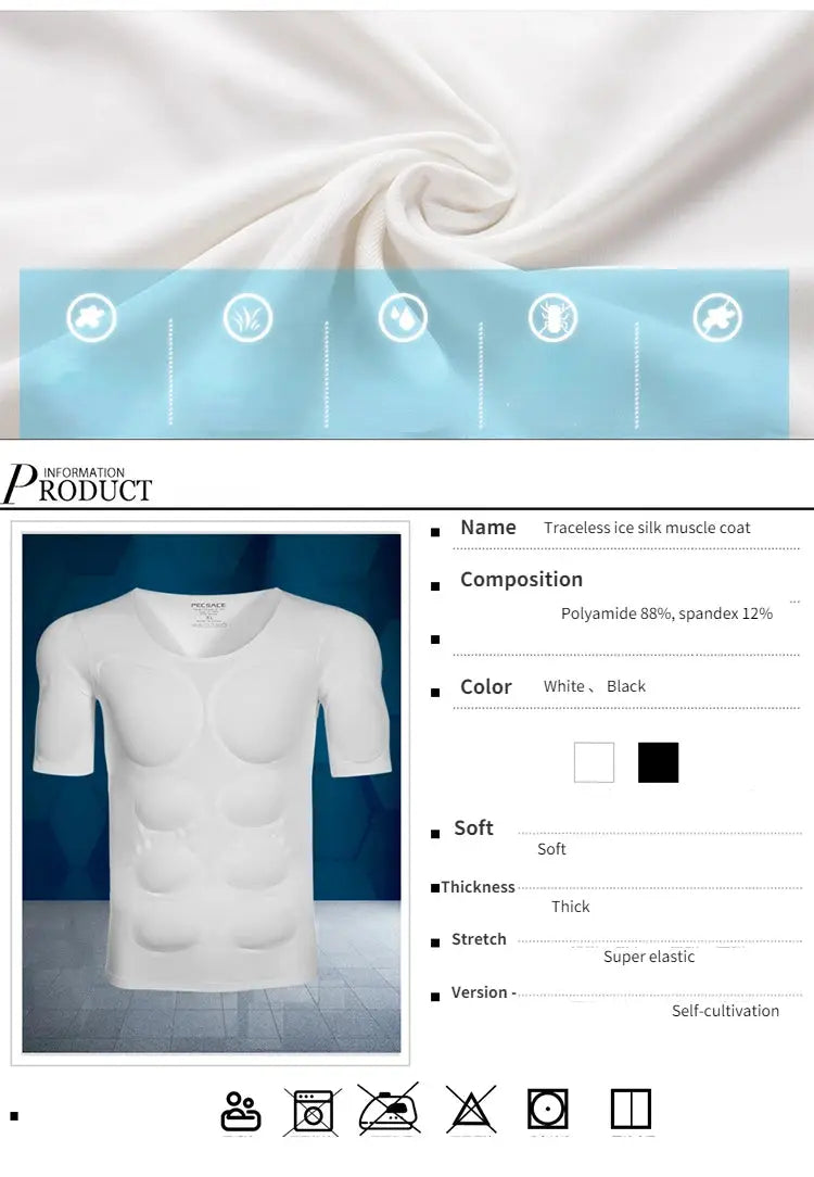 Simples Market 3D muscle undershirt, white polyamide-spandex fabric with padded chest and abs