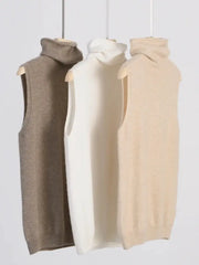 Women 100 Percent Merino Wool Sleeveless Turtleneck Vest Waistcoat Knitwear For Spring Autumn Winter Layering Fashion Tops