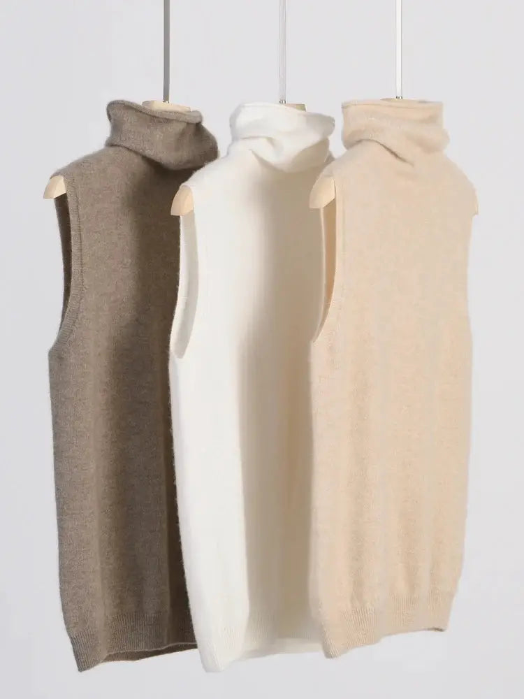 Women 100 Percent Merino Wool Sleeveless Turtleneck Vest Waistcoat Knitwear For Spring Autumn Winter Layering Fashion Tops