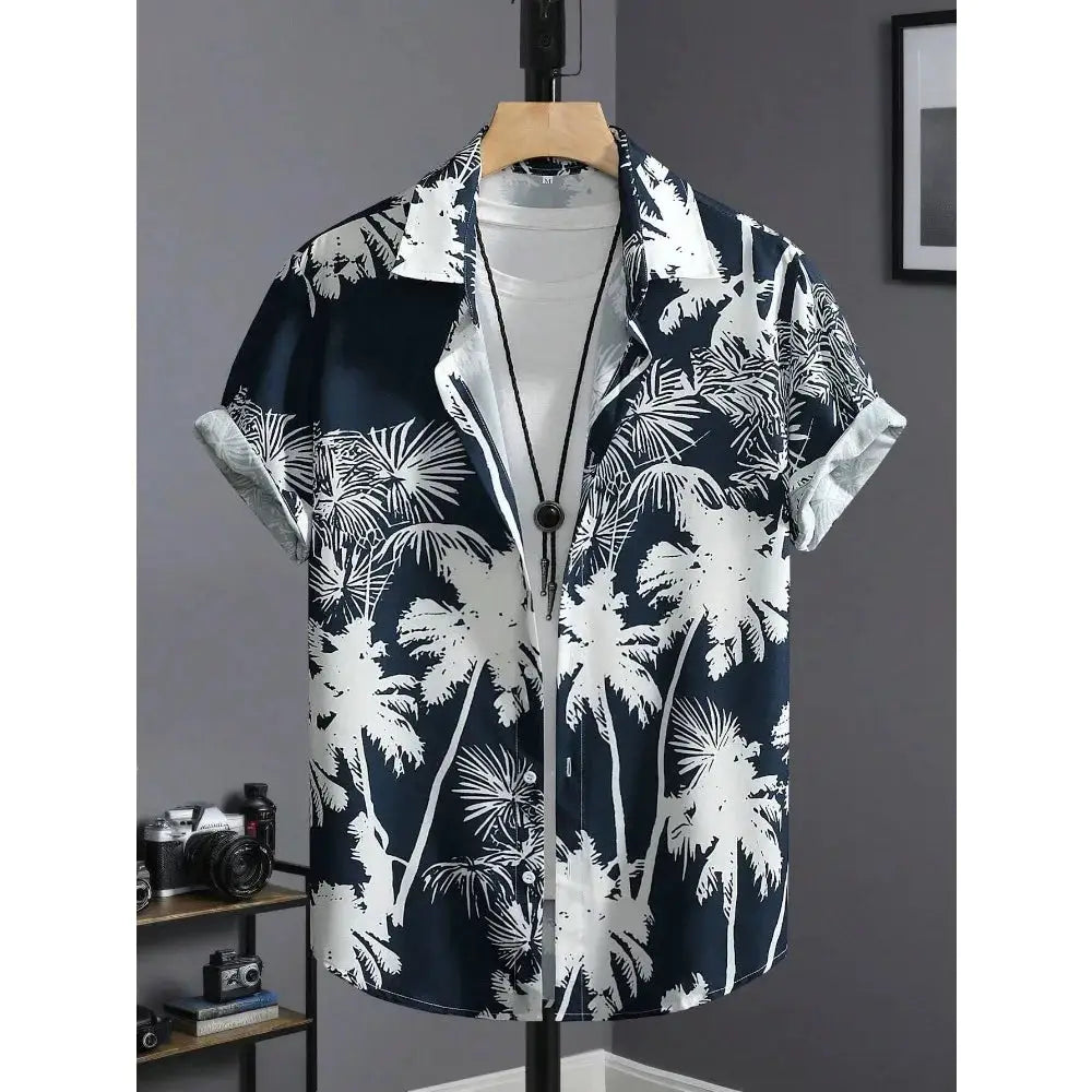 Hawaiian shirt by Simples Market, men's palm-tree print navy and white, short-sleeve beach shirt on hanger