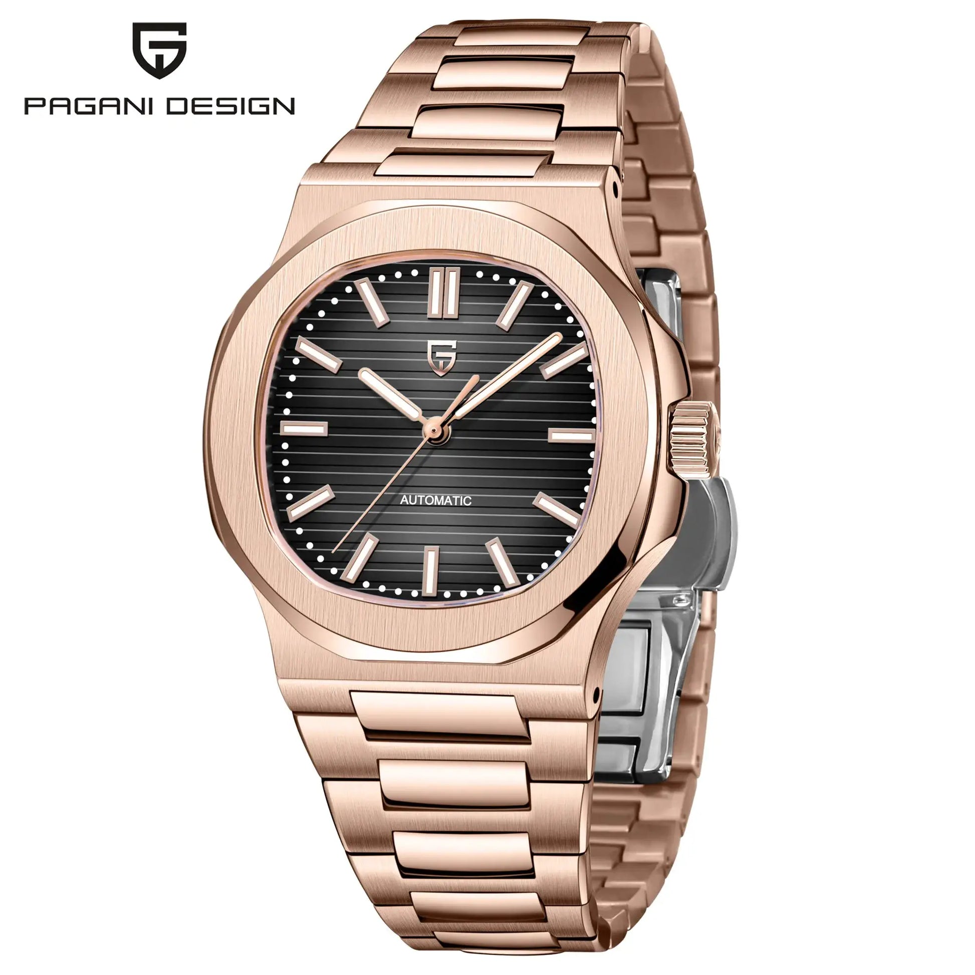 Pagani Design 40mm rose-gold men's automatic watch with stainless steel band and black dial
