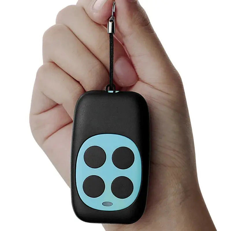433Mhz 4-key remote control on keychain, black body with blue face and four buttons