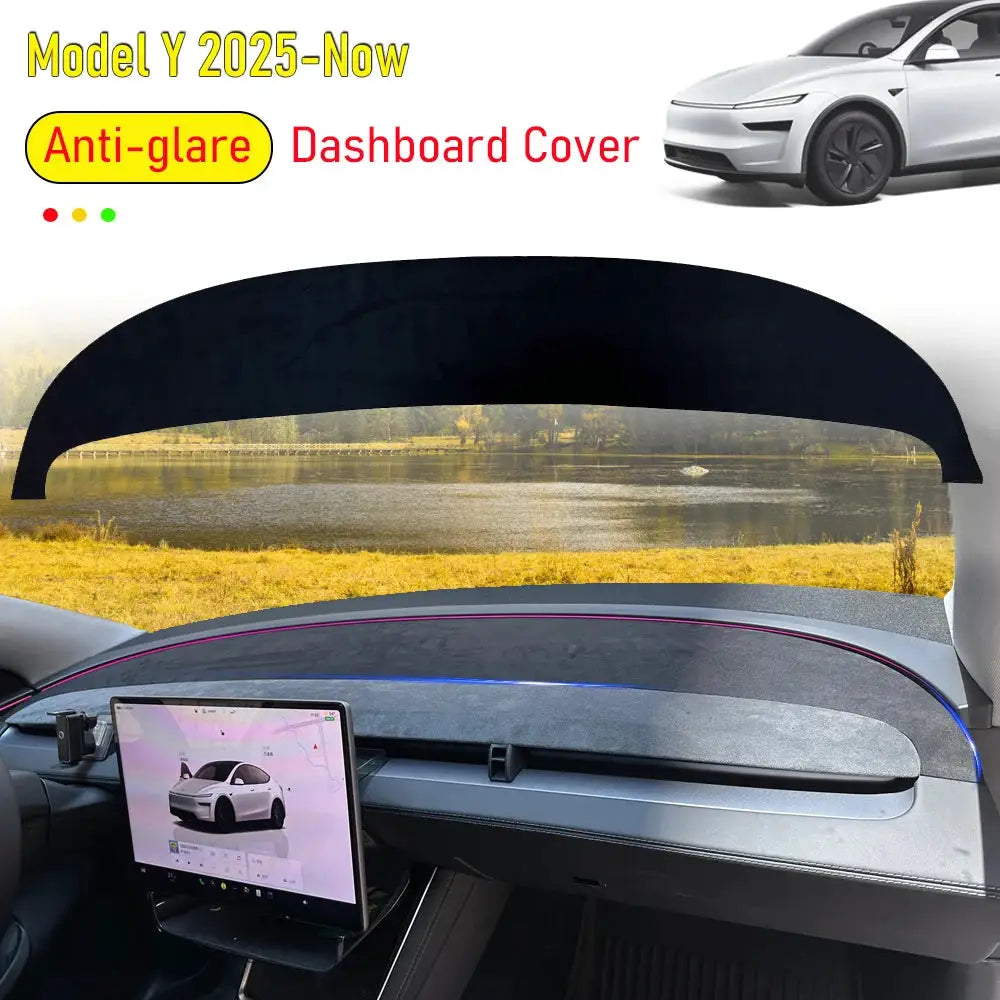 Dashboard sunshade cover for Tesla Model Y, black suede anti-UV dash mat with non-slip grip