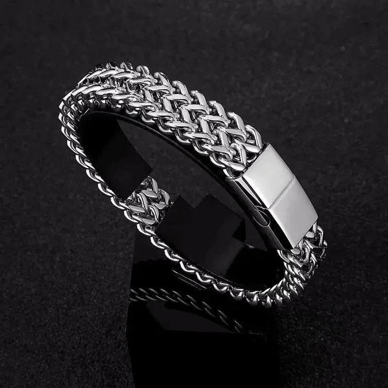 Stainless Steel Braided Double Row Front And Rear Fish Scale Bracelet With Magnetic Buckle