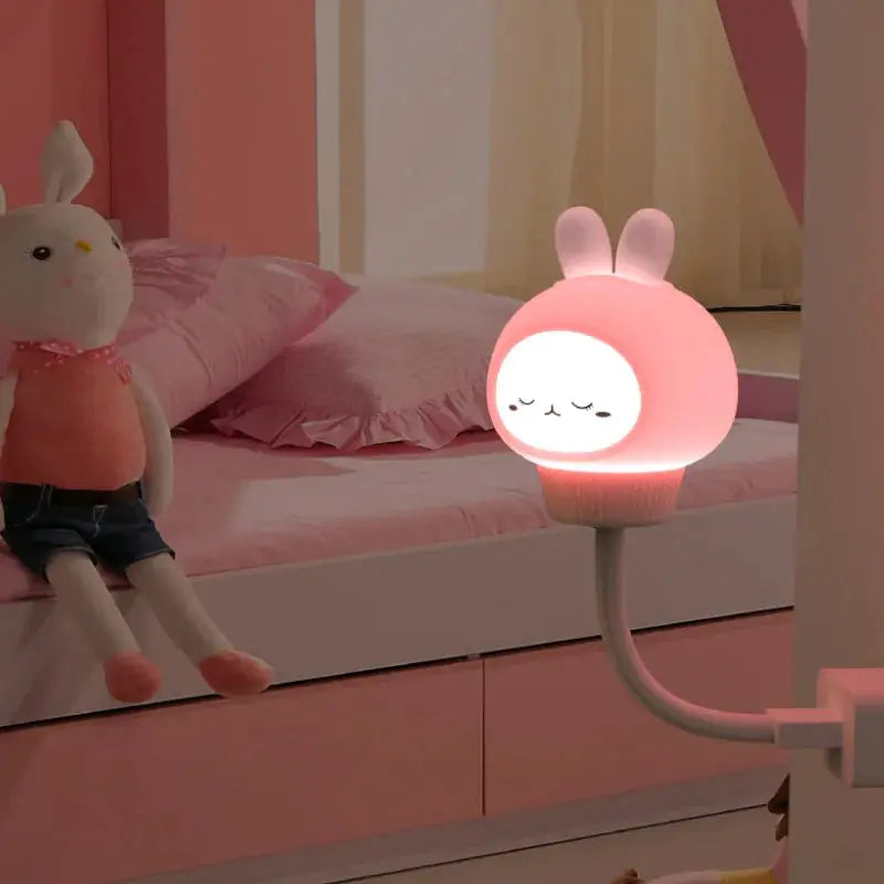 USB Night Light LED pink bunny lamp with ears on a flexible gooseneck by Simples Market