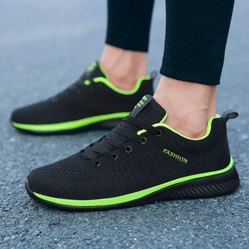 Simples Market black knit running sneakers with neon lime green trim, lightweight breathable athletic shoes
