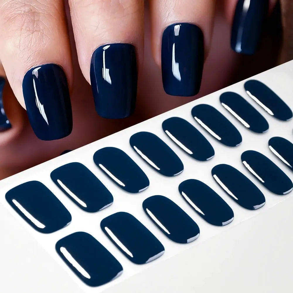 16Tips navy blue semi-cured nail stickers by Simples Market with glossy full-coverage gel wraps