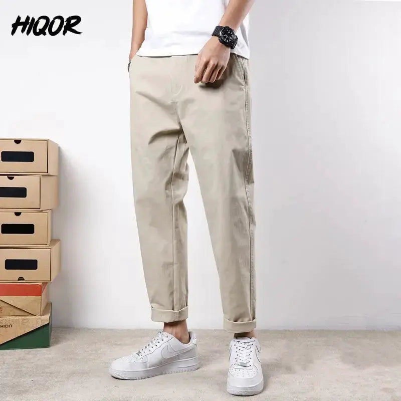 HIQOR men's beige cotton casual pants, loose fit with elastic waist and cuffed hems