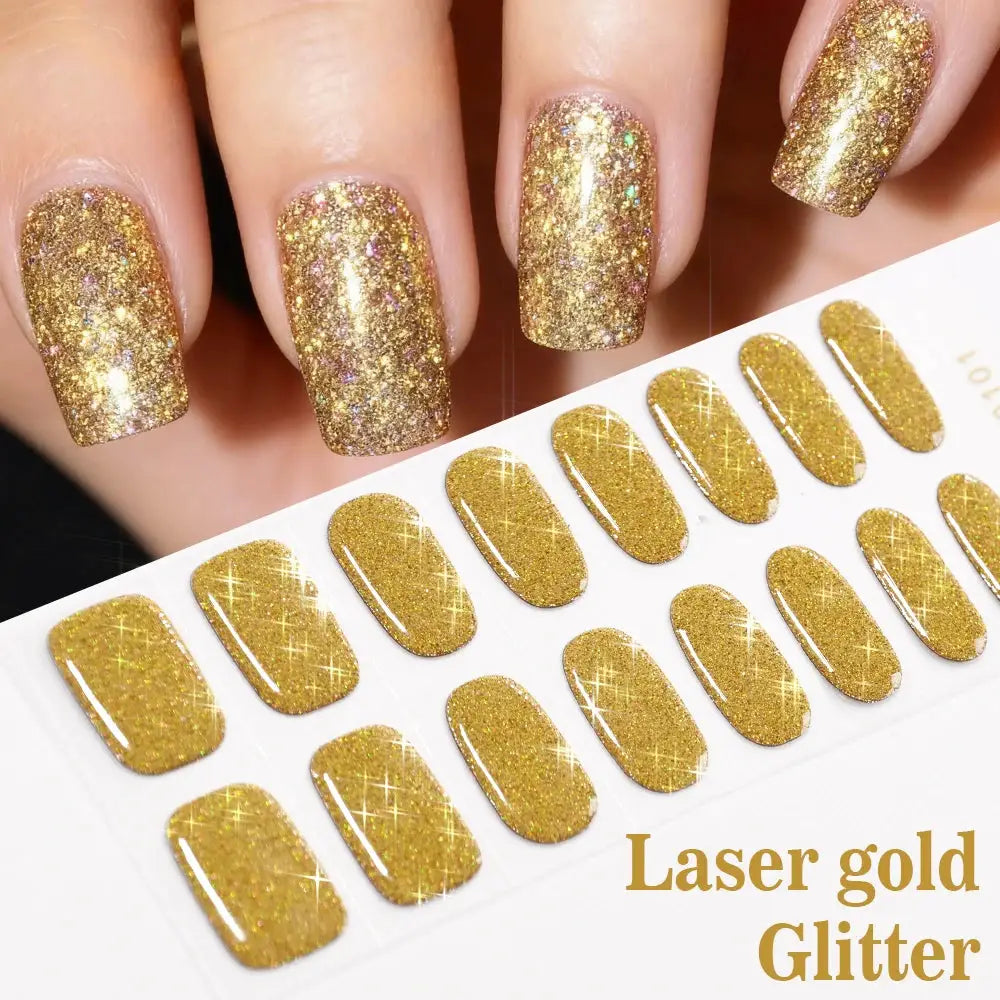 Gold laser-glitter nail stickers, 16-piece full-cover UV gel decal set for nails