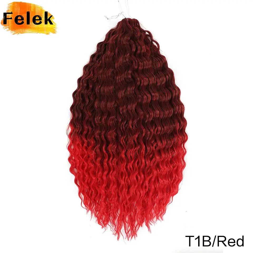 Felek Ariel Curls crochet hair extension, long deep red ombre (T1B/Red) water-wave synthetic Afro curls