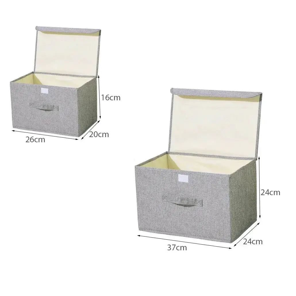 Simples Market foldable storage box with lid; grey cotton-linen fabric, beige lining, two sizes shown.