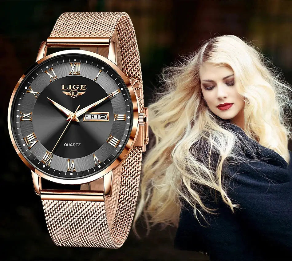 LIGE 2024 women's luxury quartz watch with rose-gold mesh bracelet, black dial with Roman numerals and date window