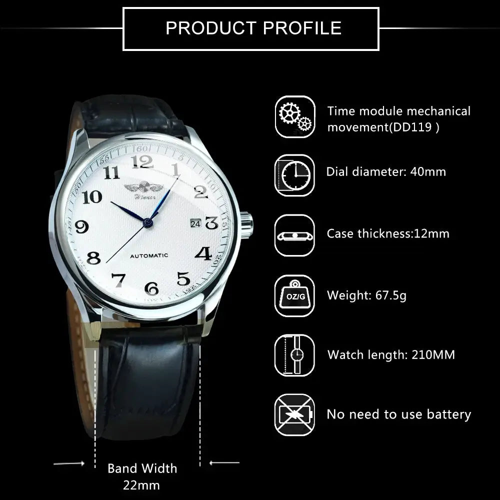 WINNER men's automatic mechanical watch with white dial and black leather strap by Simples Market