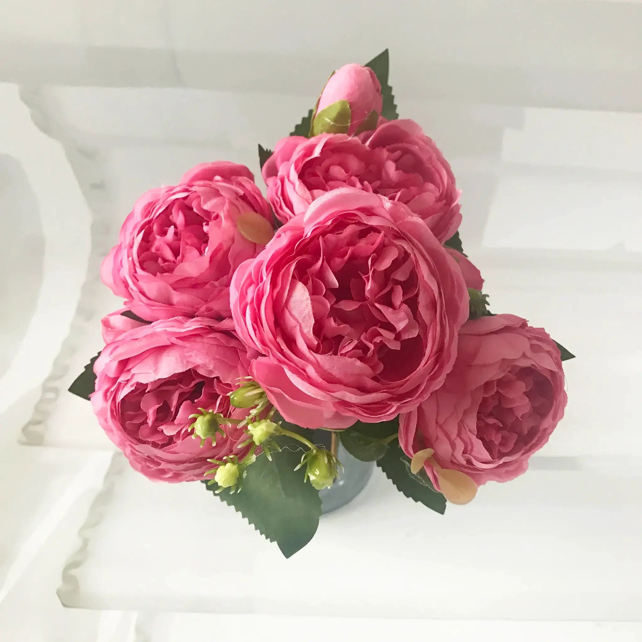Pink silk peony bouquet with 5 large heads and 4 buds, 30cm artificial flowers for home wedding decor
