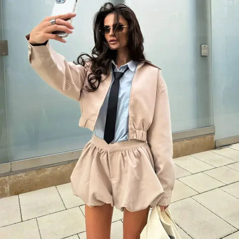Tuularose Womens Lapel Zip Jacket Two Piece Pleated Shorts Autumn Suit