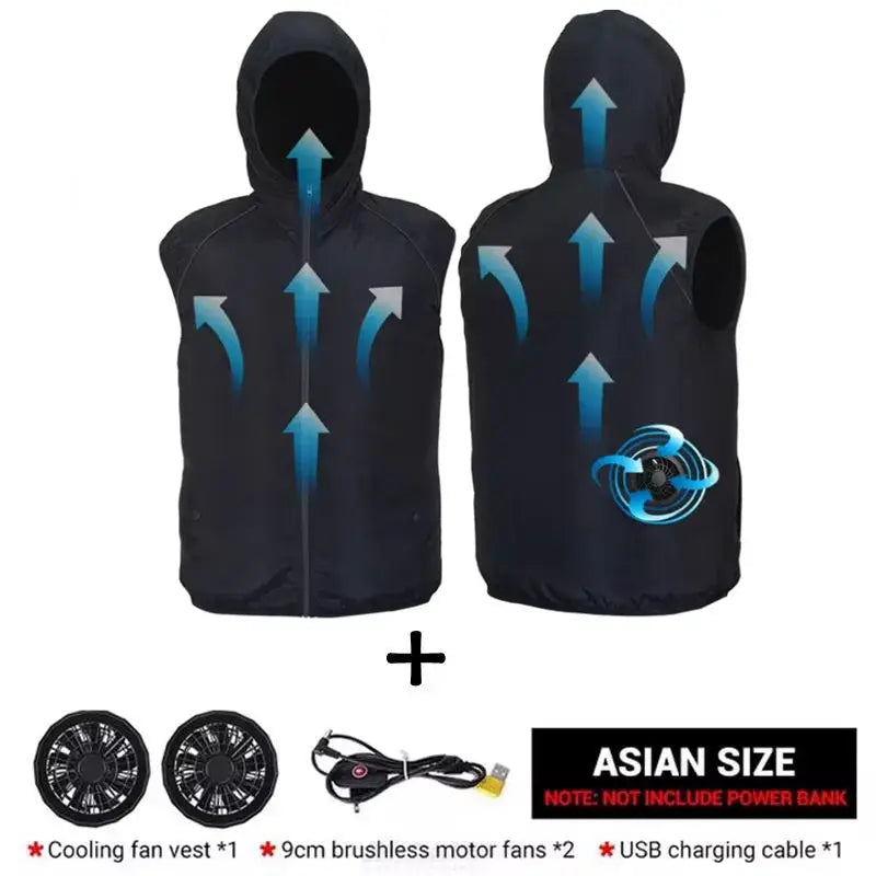Cooling vest set by Simples Market, two black unisex ultralight windbreakers with USB-powered fans