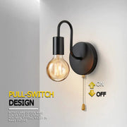 Nordic industrial black iron wall lamp with curved arm and exposed Edison bulb; pull-switch design.